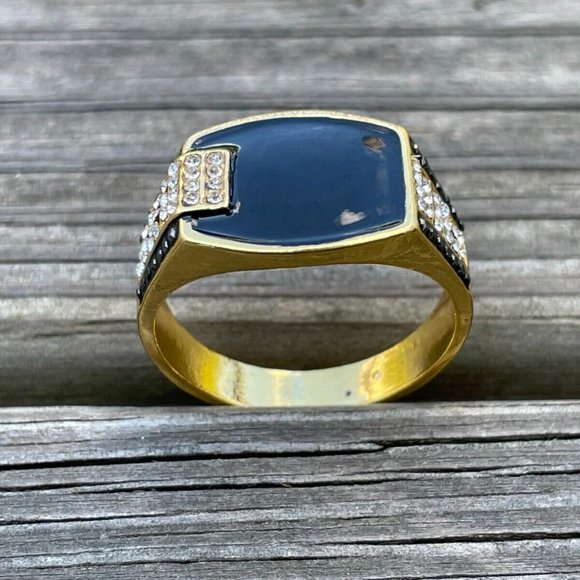 Men Ring Fashion Gold Tone Black Faux Stone Crystal Accent Men Jewelry Size 13 - Picture 9 of 11